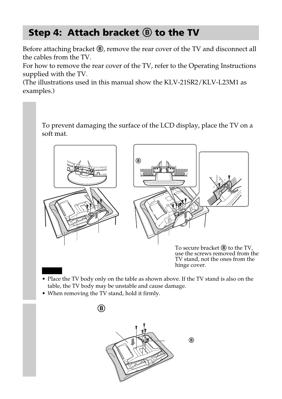 Step 4: attach bracket b to the tv | Sony SU-W210 User Manual | Page 6 / 148