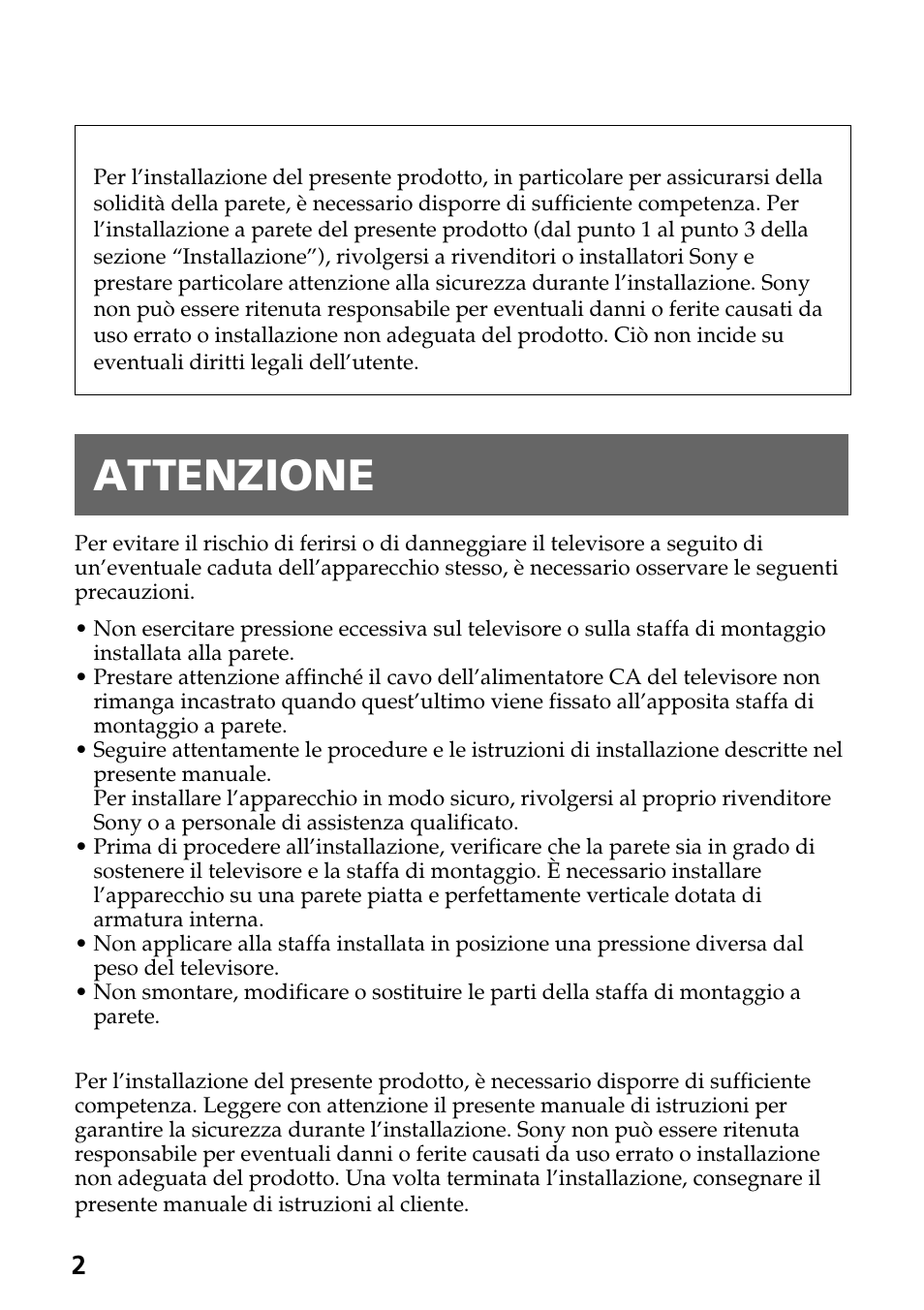 Attenzione | Sony SU-W210 User Manual | Page 62 / 148
