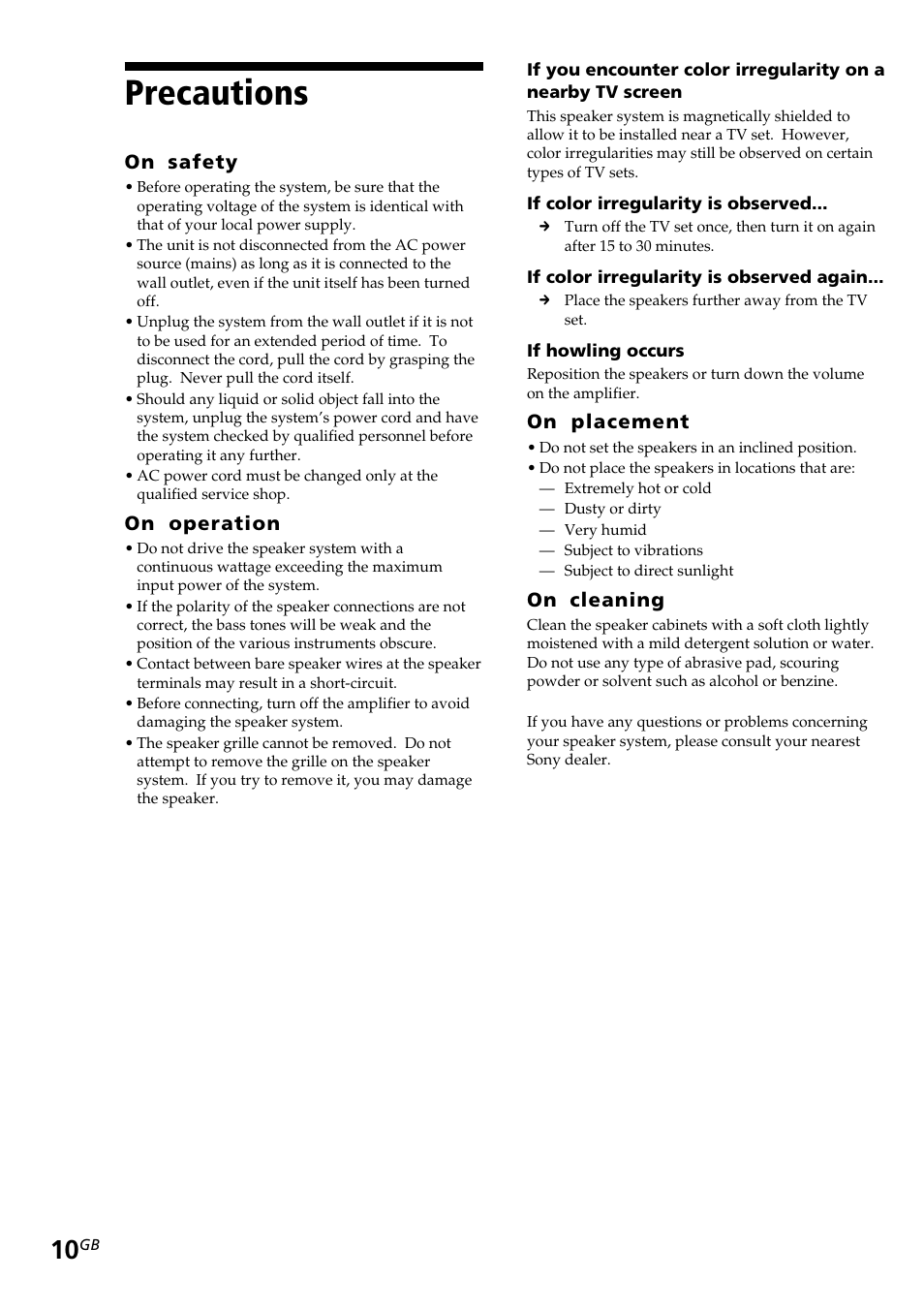 Precautions | Sony SA-VE312 User Manual | Page 10 / 13