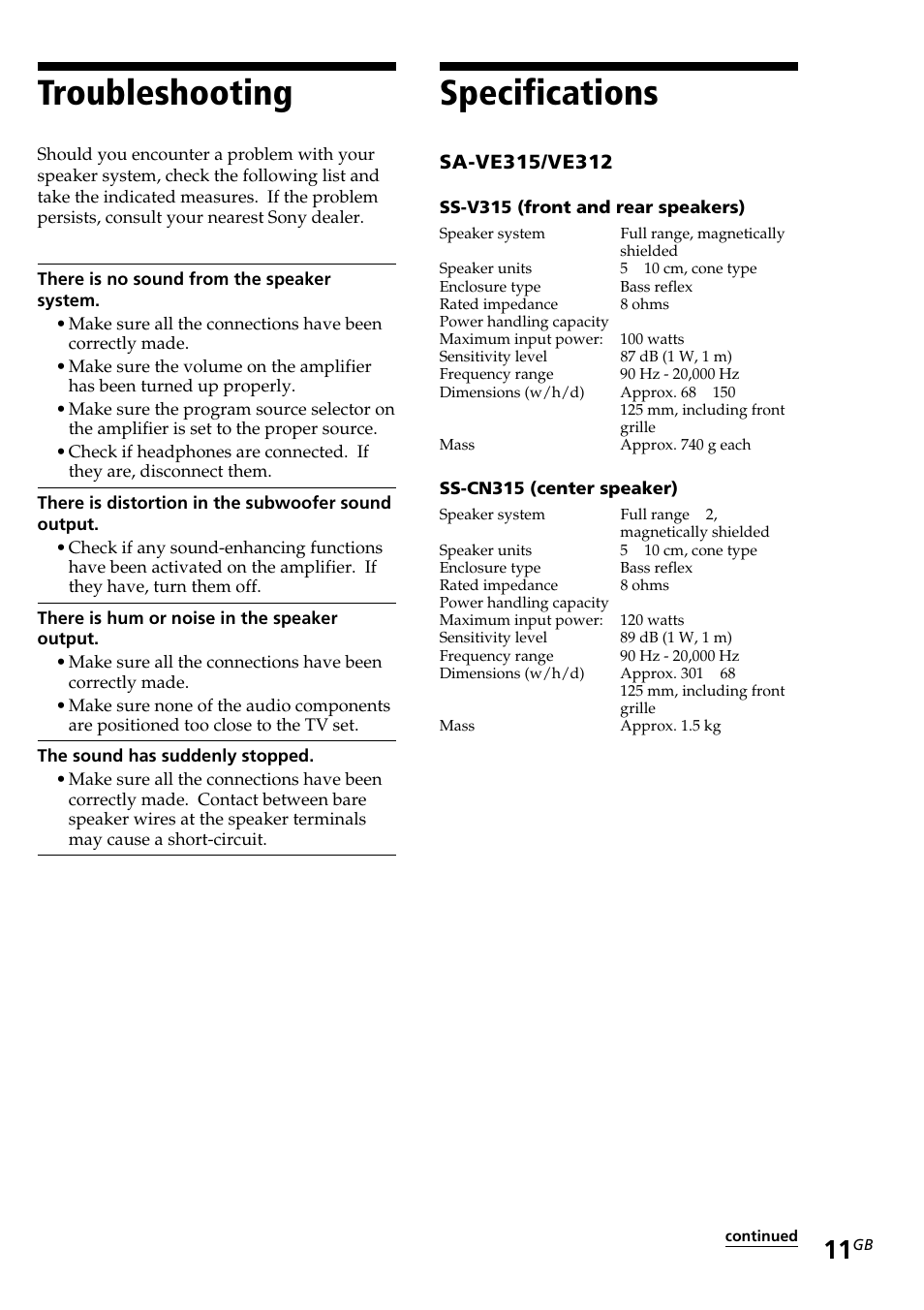 Troubleshooting, Specifications | Sony SA-VE312 User Manual | Page 11 / 13