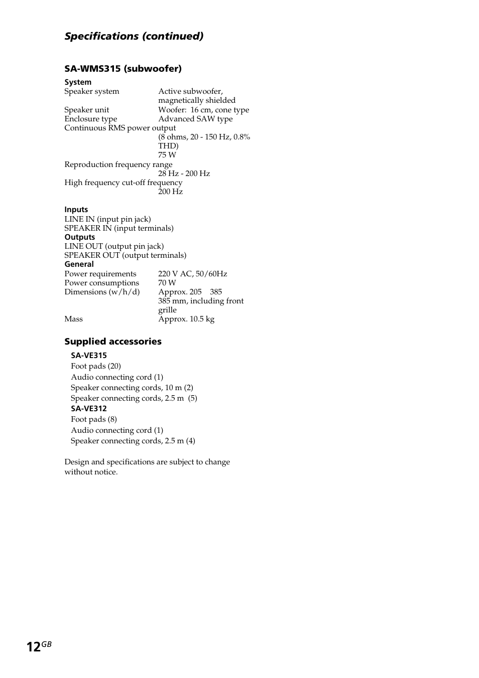 Specifications (continued) | Sony SA-VE312 User Manual | Page 12 / 13