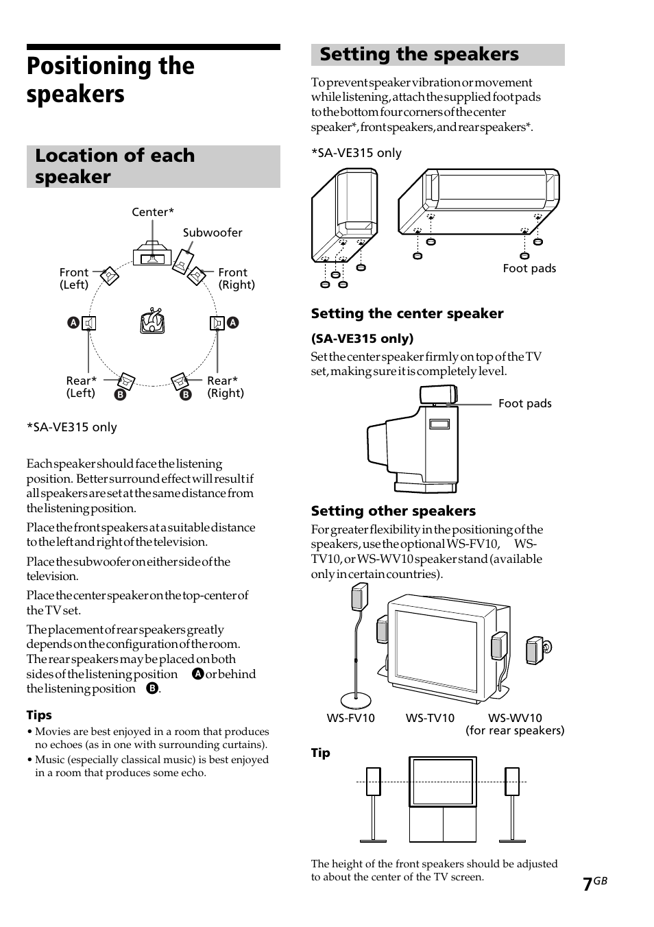 Positioning the speakers, Troubleshooting, Location of each speaker | Setting the speakers | Sony SA-VE312 User Manual | Page 7 / 13