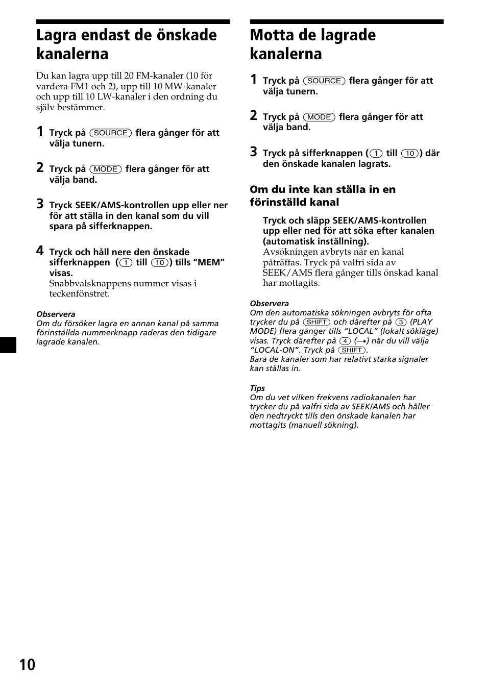 10 motta de lagrade kanalerna, Lagra endast de önskade kanalerna | Sony CDX-4260R User Manual | Page 100 / 120