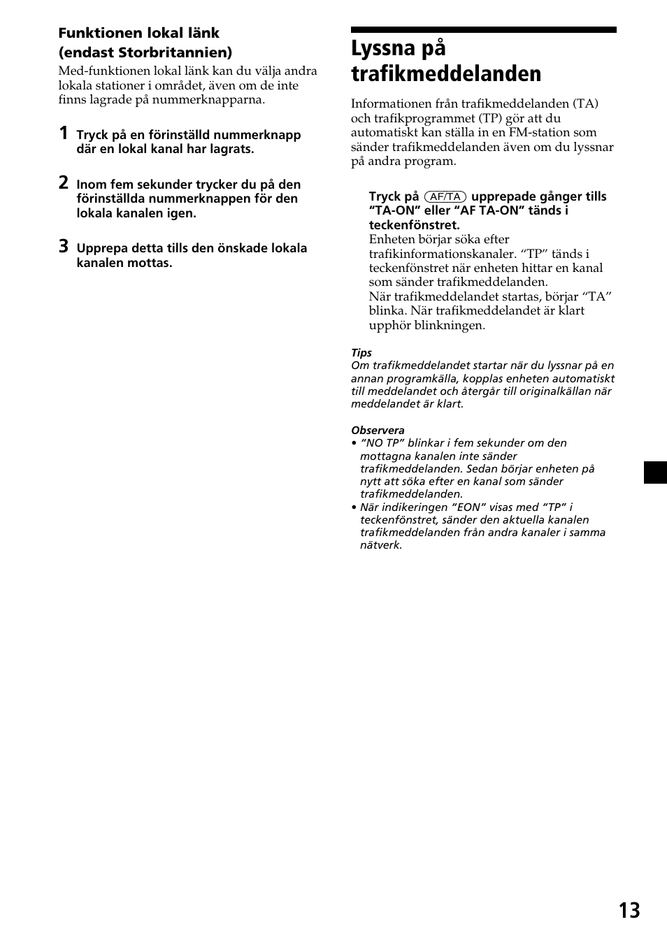 13 lyssna på trafikmeddelanden | Sony CDX-4260R User Manual | Page 103 / 120