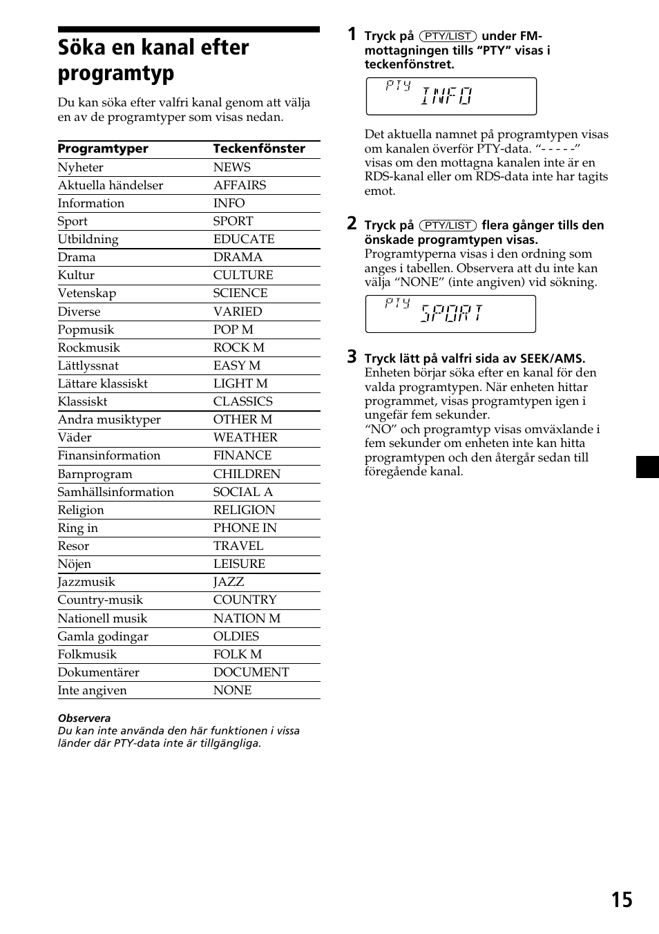 15 söka en kanal efter programtyp | Sony CDX-4260R User Manual | Page 105 / 120