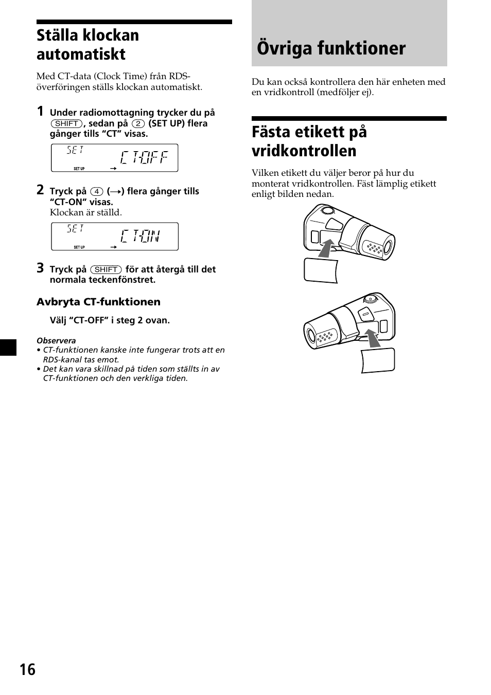 Övriga funktioner, Fästa etikett på vridkontrollen, Ställa klockan automatiskt | Sony CDX-4260R User Manual | Page 106 / 120