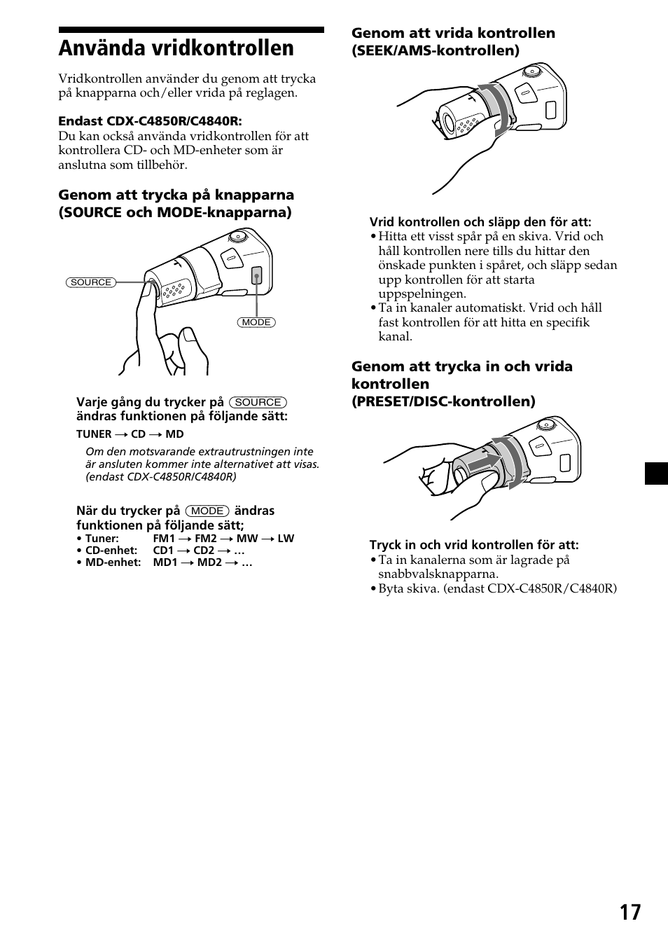 17 använda vridkontrollen | Sony CDX-4260R User Manual | Page 107 / 120