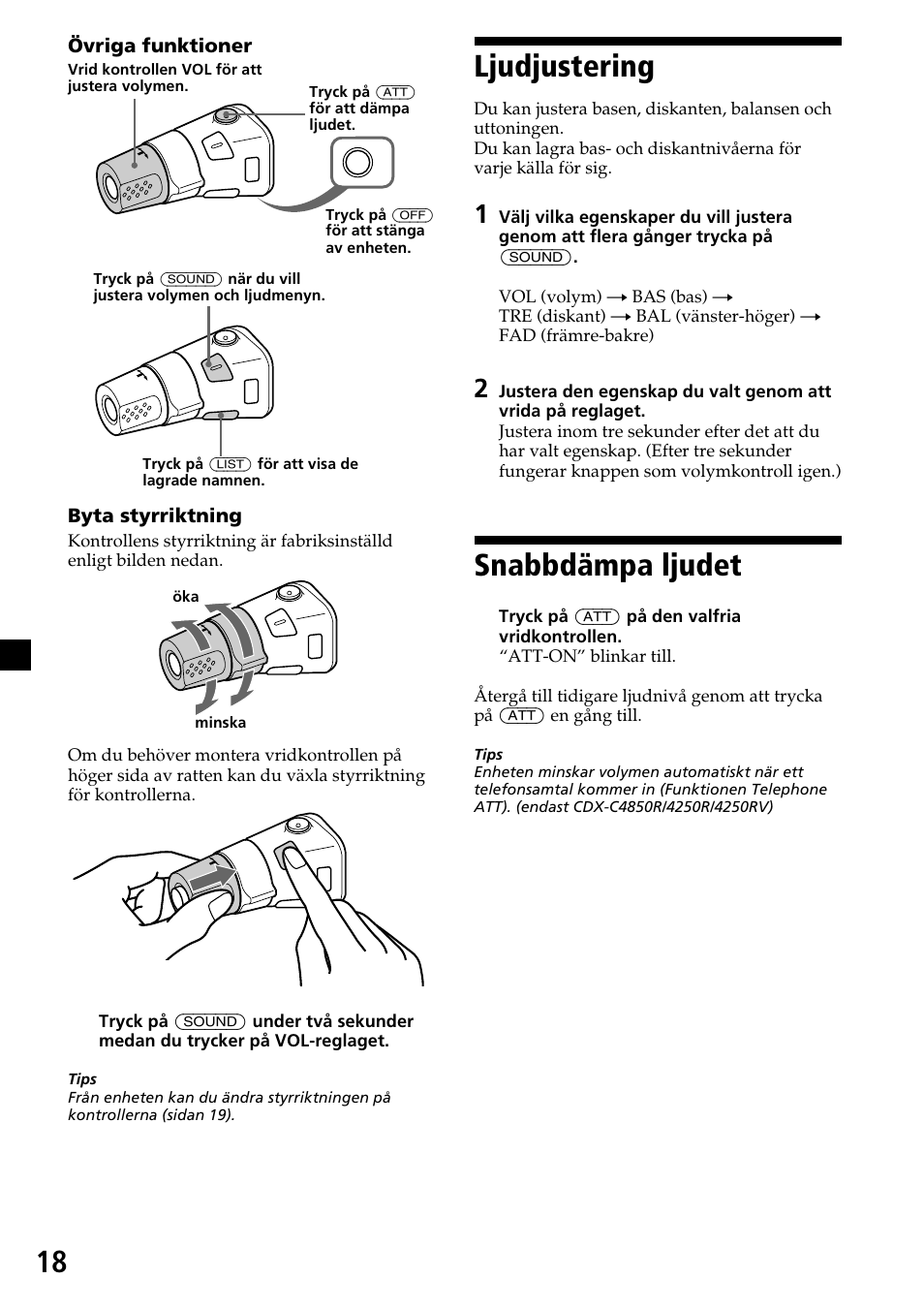 Ljudjustering, Snabbdämpa ljudet | Sony CDX-4260R User Manual | Page 108 / 120