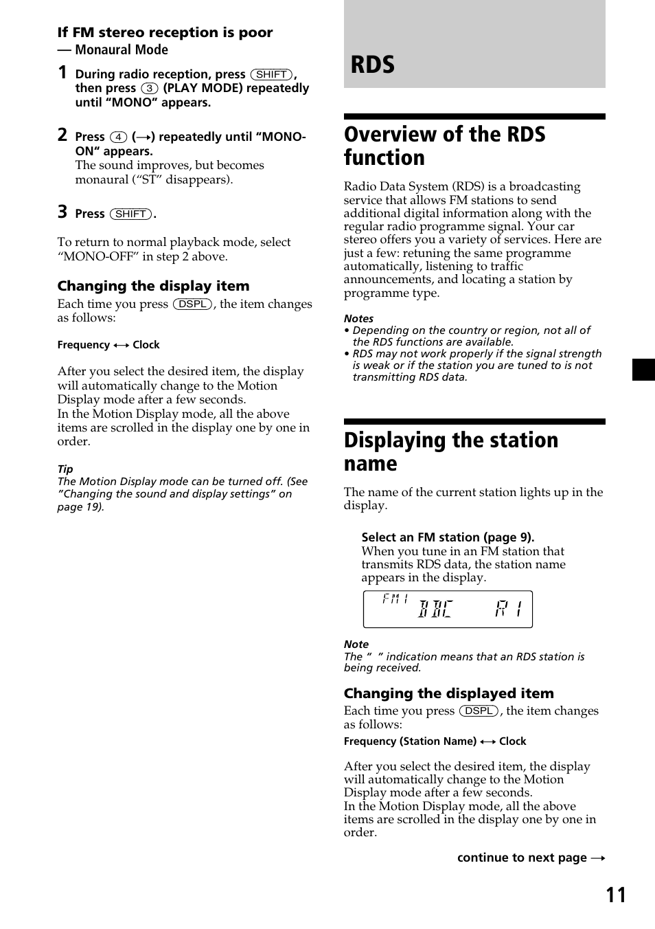 Overview of the rds function, Displaying the station name | Sony CDX-4260R User Manual | Page 11 / 120