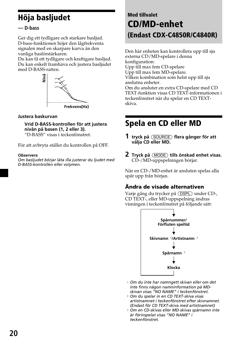 Cd/md-enhet, Spela en cd eller md, Höja basljudet | Sony CDX-4260R User Manual | Page 110 / 120