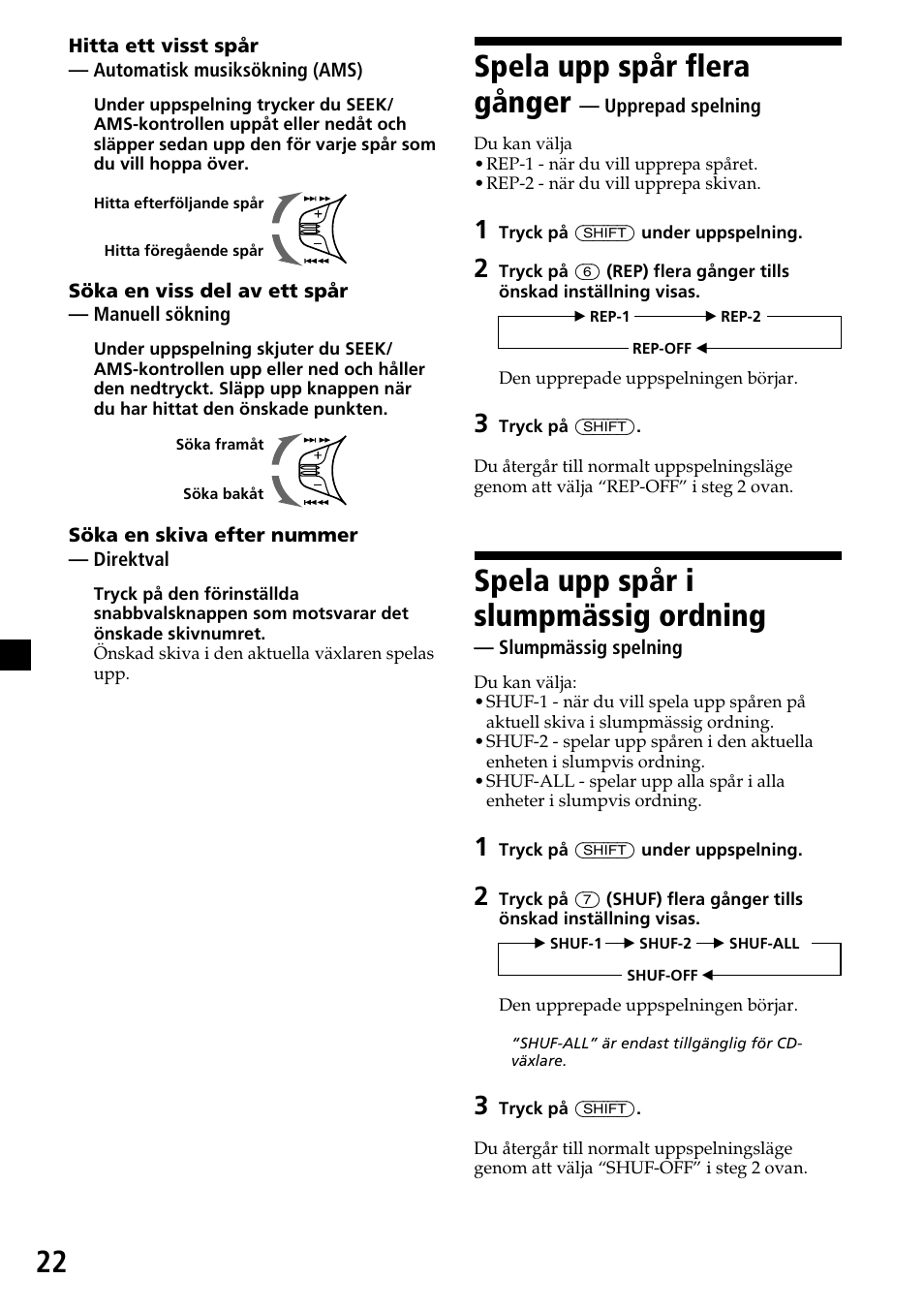 22 spela upp spår flera gånger, Spela upp spår i slumpmässig ordning | Sony CDX-4260R User Manual | Page 112 / 120