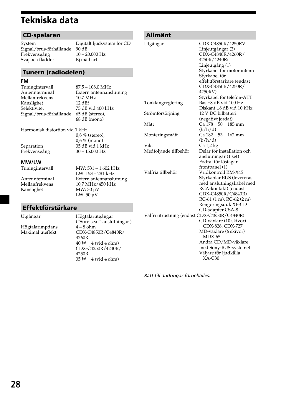 28 tekniska data, Allmänt, Cd-spelaren | Tunern (radiodelen), Effektförstärkare | Sony CDX-4260R User Manual | Page 118 / 120