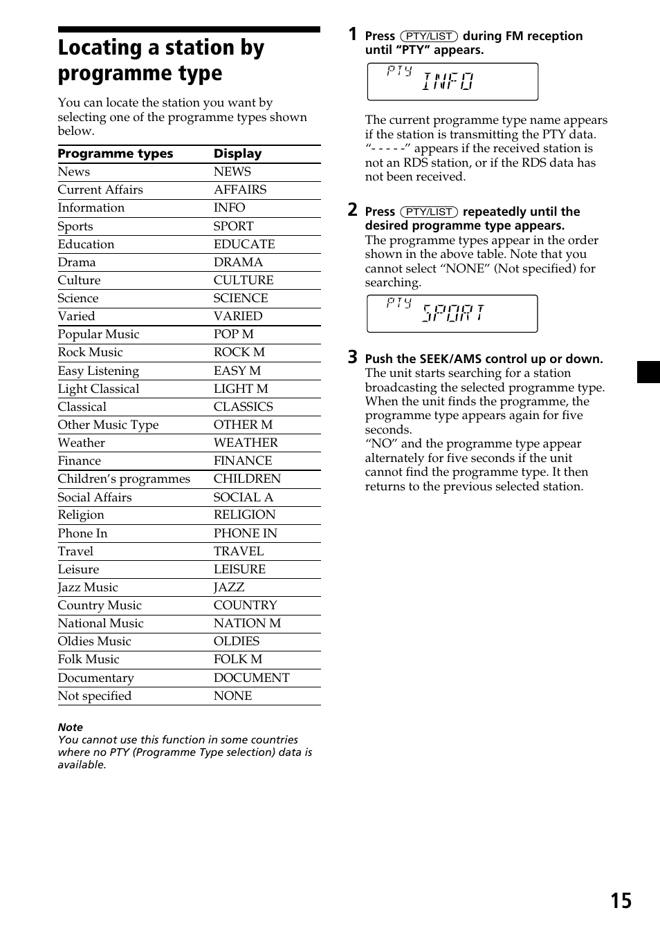 15 locating a station by programme type | Sony CDX-4260R User Manual | Page 15 / 120