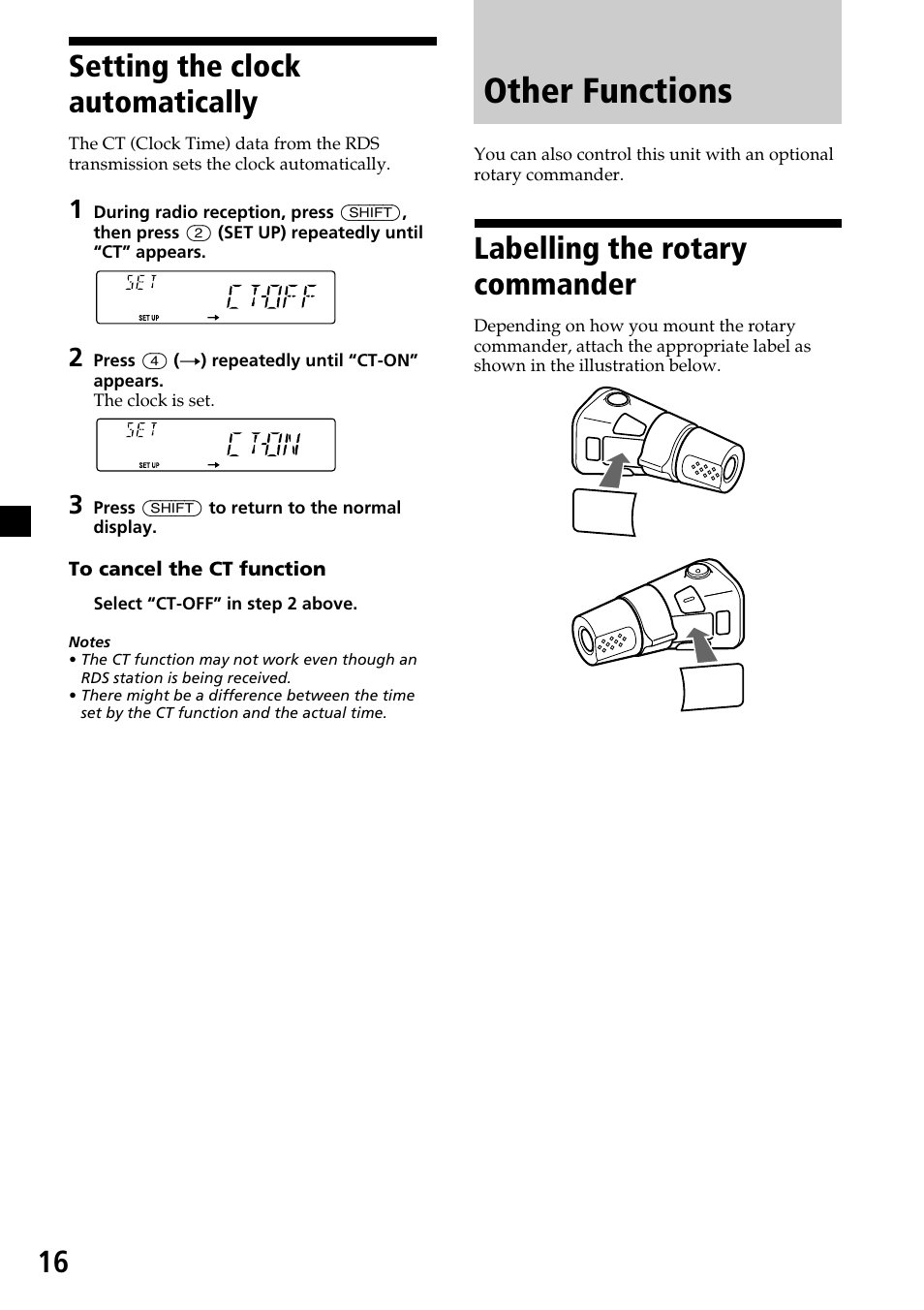 Other functions, 16 setting the clock automatically, Labelling the rotary commander | Sony CDX-4260R User Manual | Page 16 / 120
