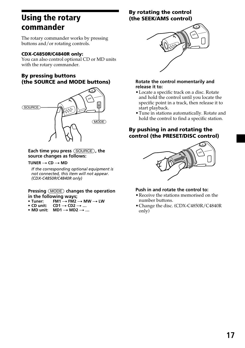 Using the rotary commander | Sony CDX-4260R User Manual | Page 17 / 120