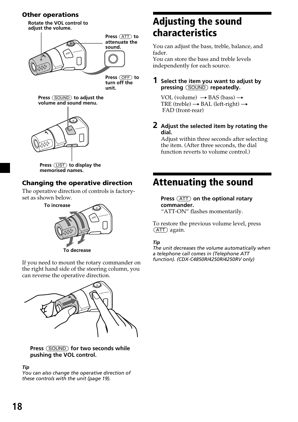 Adjusting the sound characteristics, Attenuating the sound | Sony CDX-4260R User Manual | Page 18 / 120