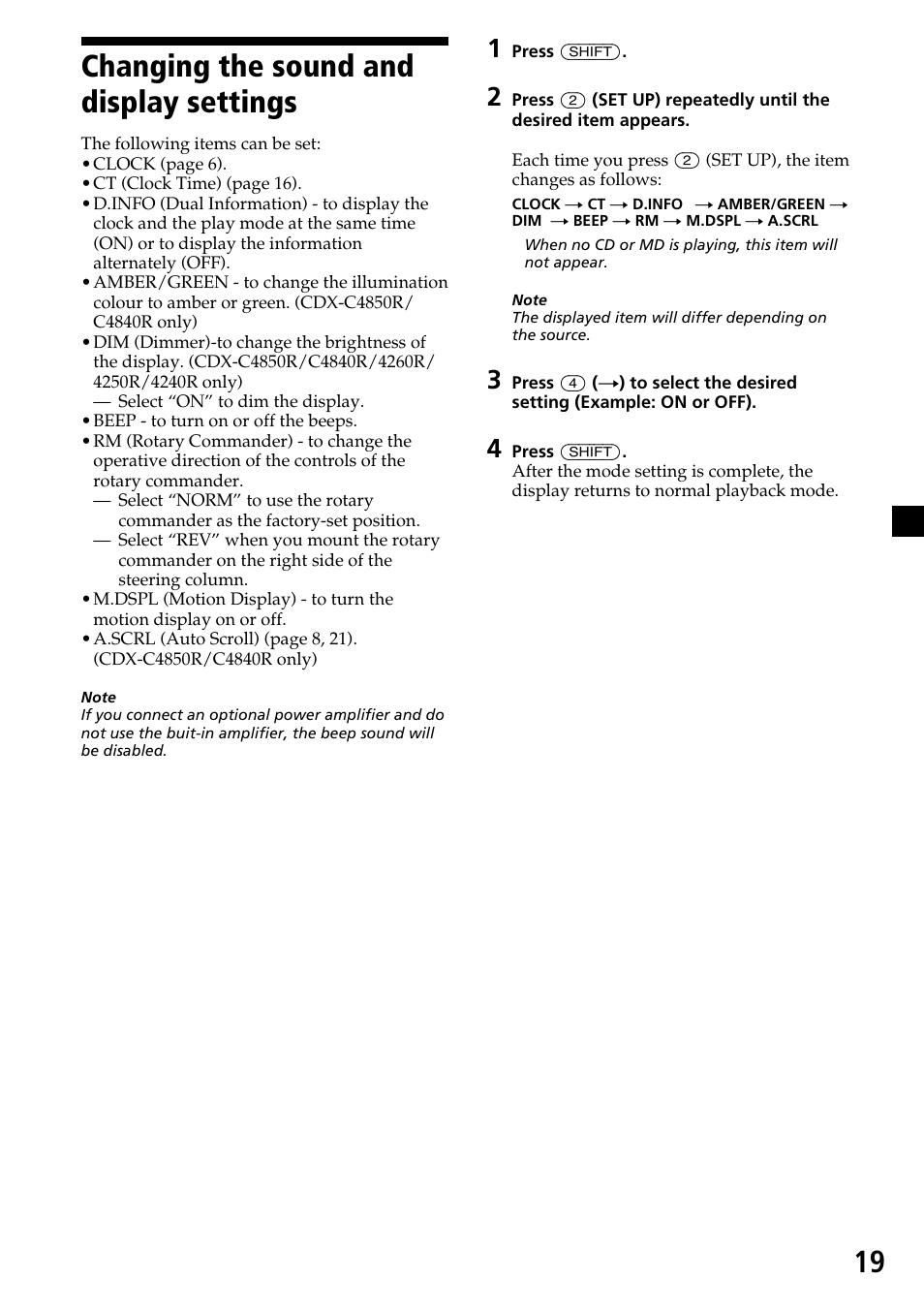 19 changing the sound and display settings | Sony CDX-4260R User Manual | Page 19 / 120