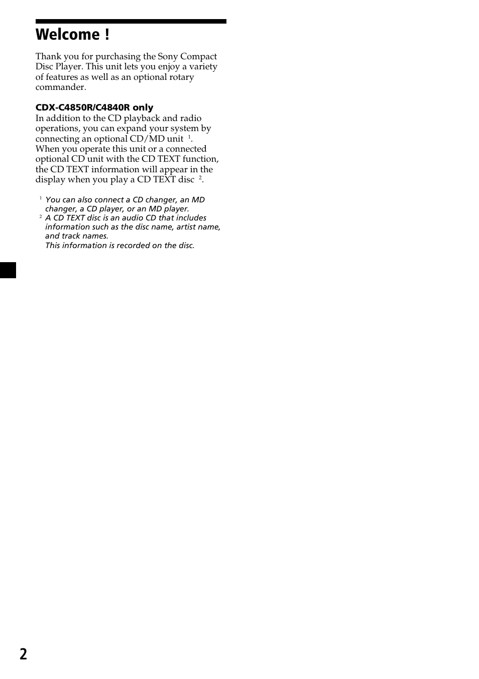2welcome | Sony CDX-4260R User Manual | Page 2 / 120