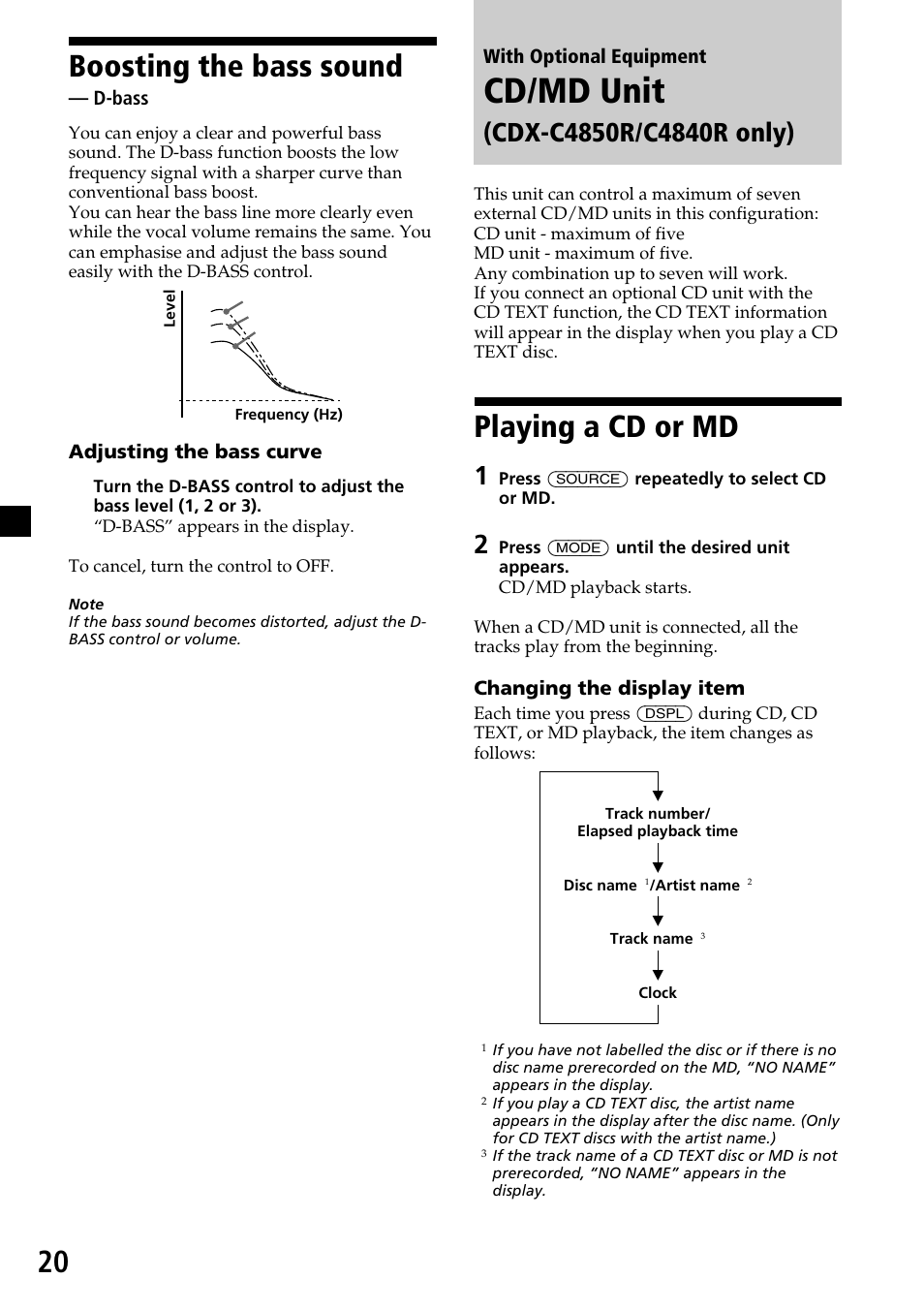 Cd/md unit, Playing a cd or md, Boosting the bass sound | Sony CDX-4260R User Manual | Page 20 / 120