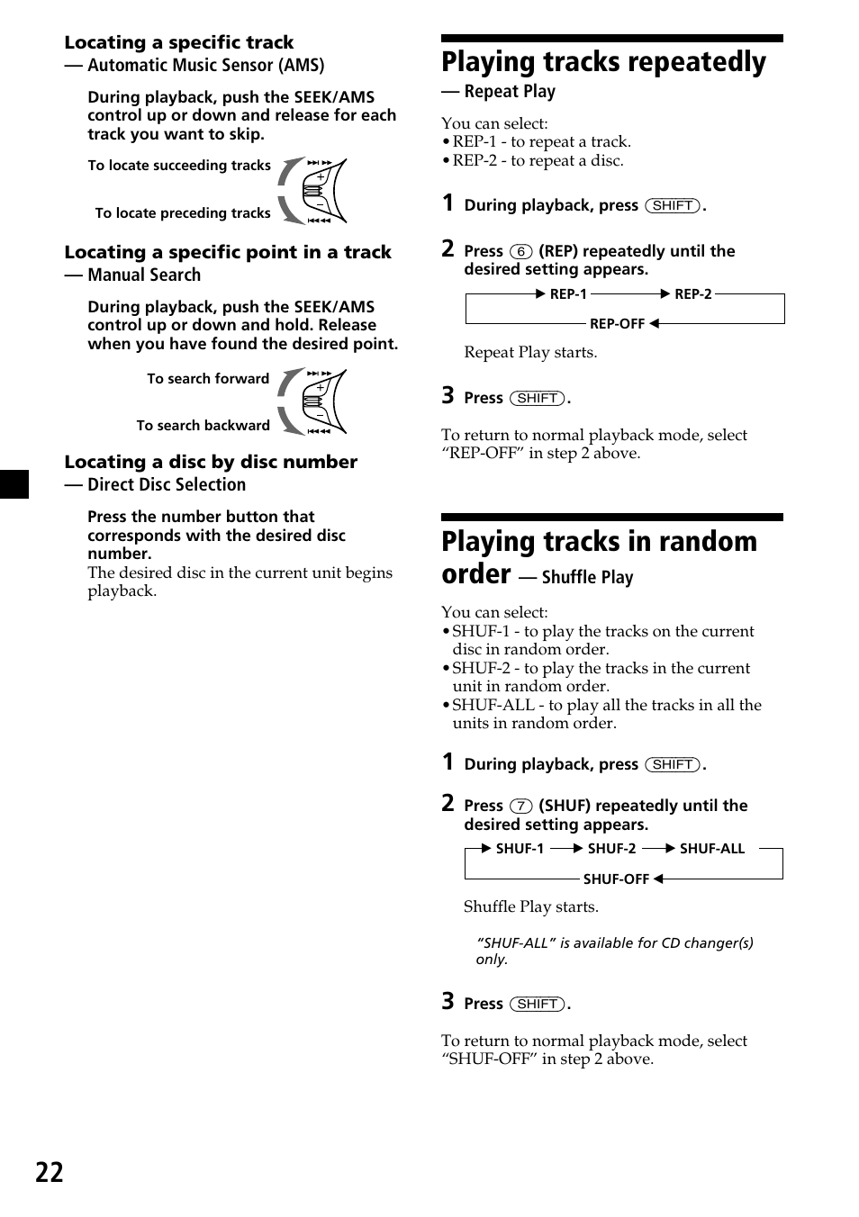 22 playing tracks repeatedly, Playing tracks in random order | Sony CDX-4260R User Manual | Page 22 / 120