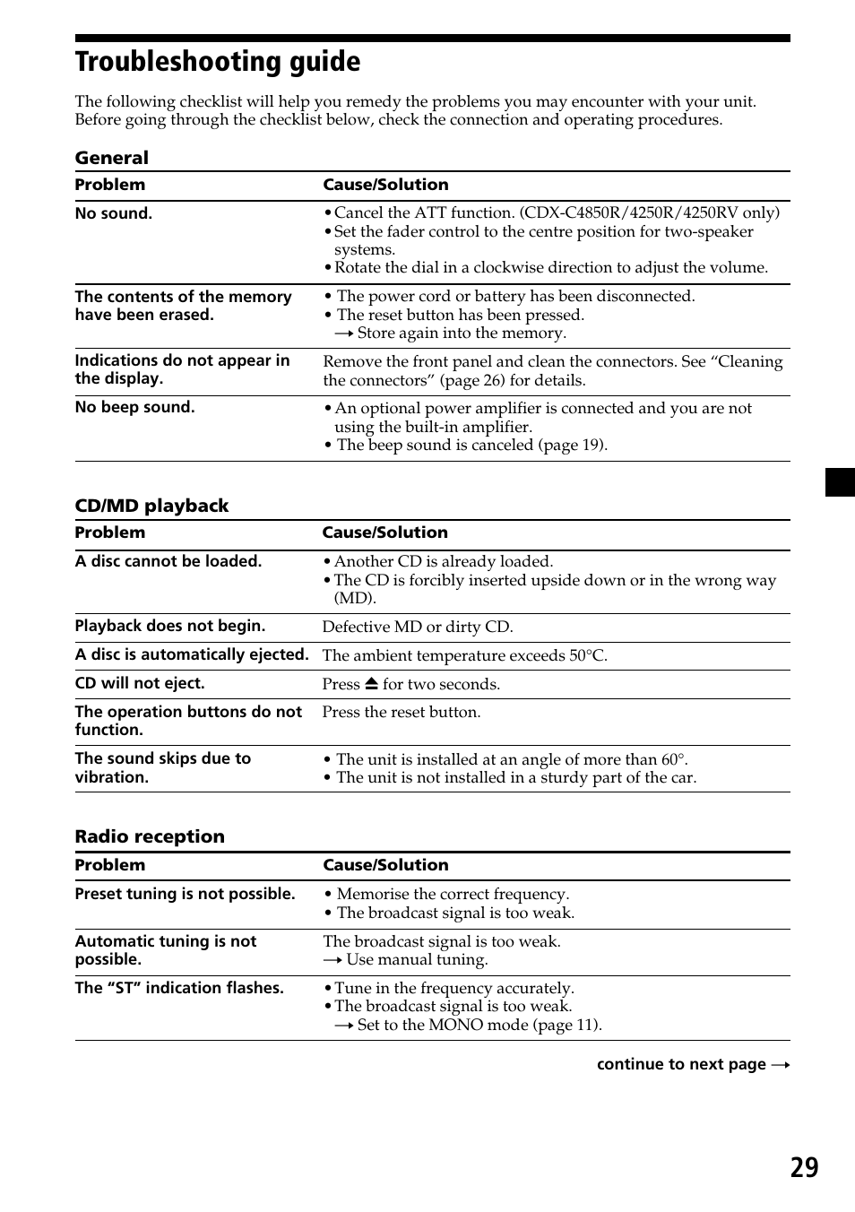 29 troubleshooting guide | Sony CDX-4260R User Manual | Page 29 / 120