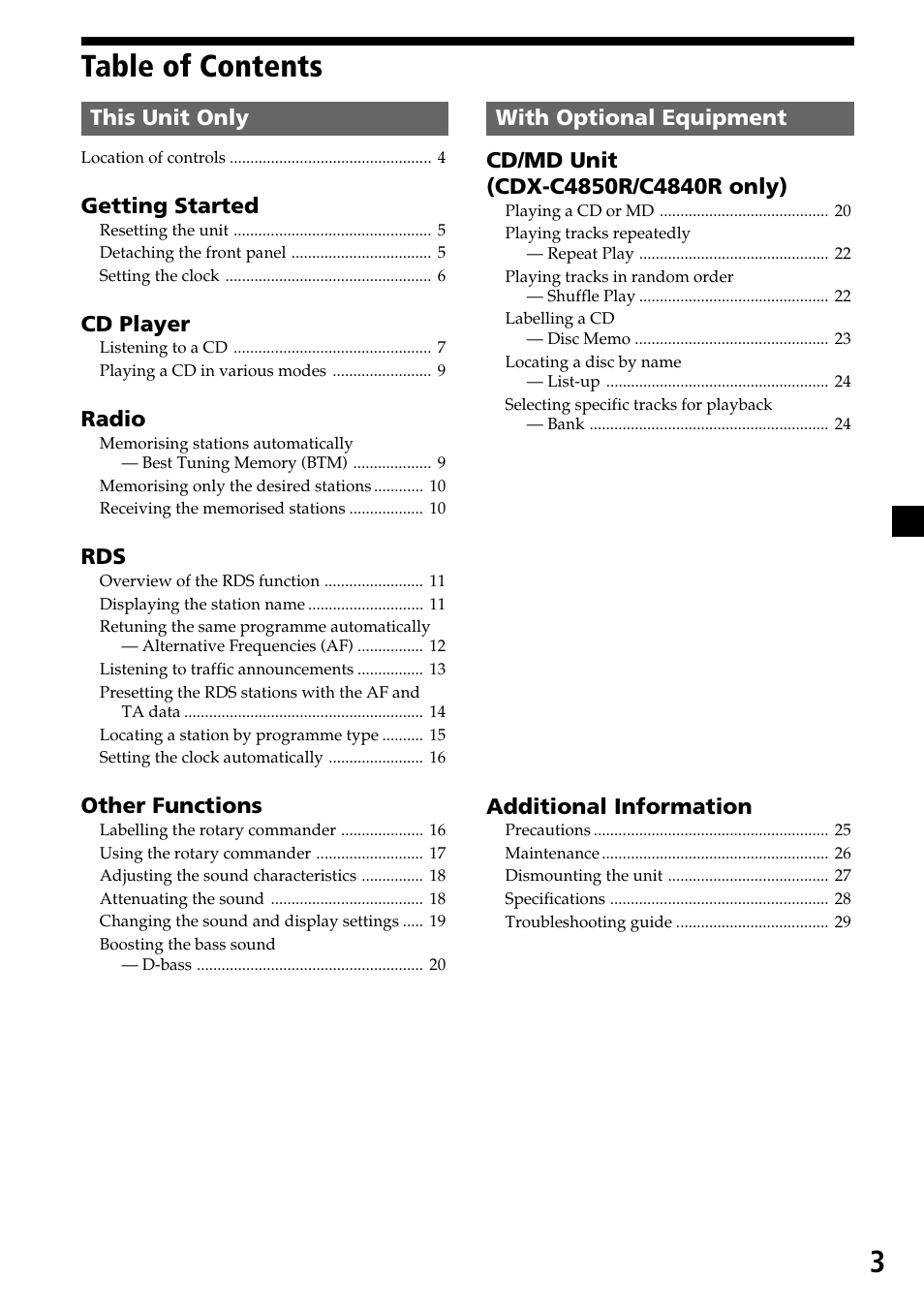 3table of contents | Sony CDX-4260R User Manual | Page 3 / 120