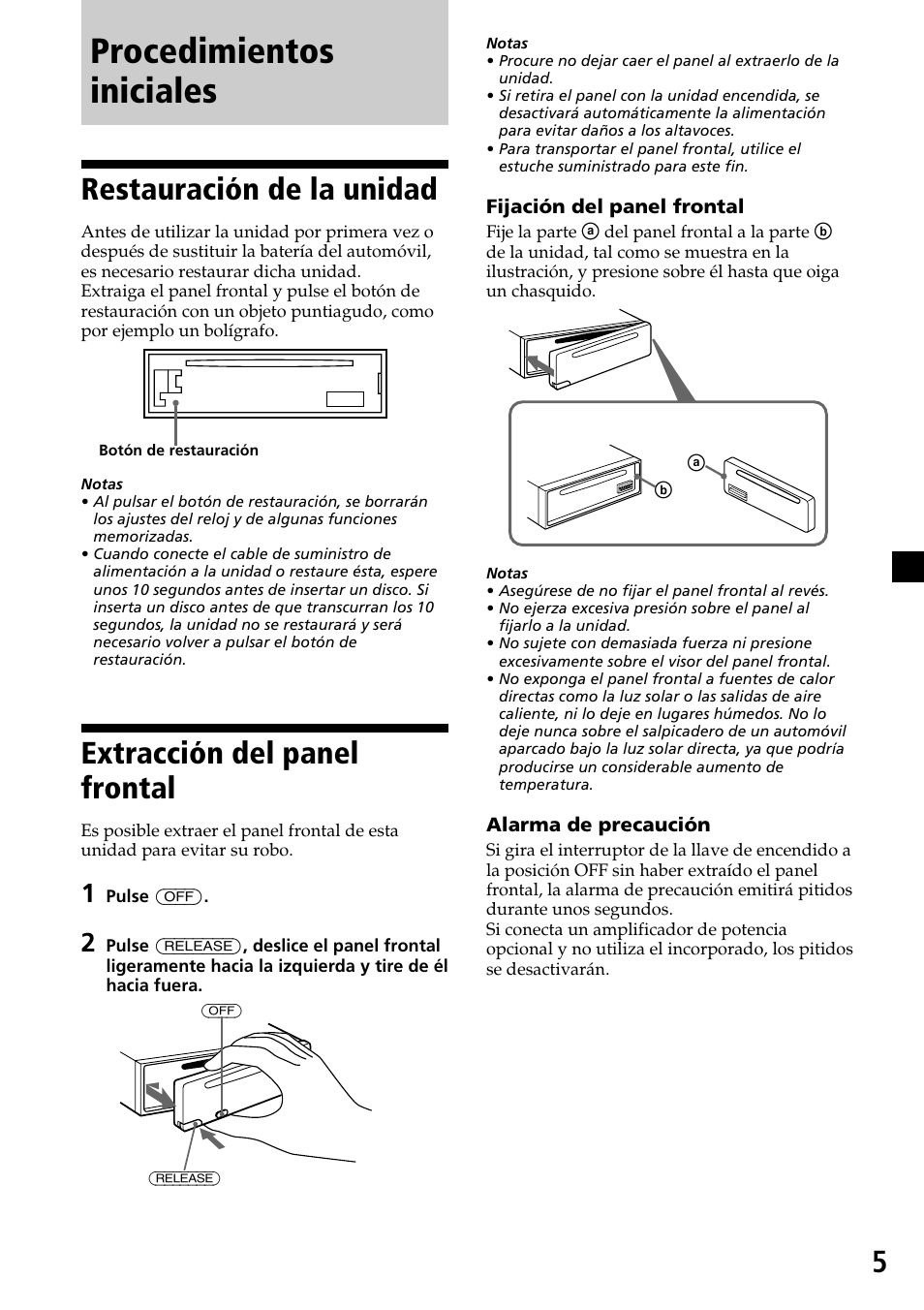 Procedimientos iniciales, Restauración de la unidad, Extracción del panel frontal | Sony CDX-4260R User Manual | Page 35 / 120