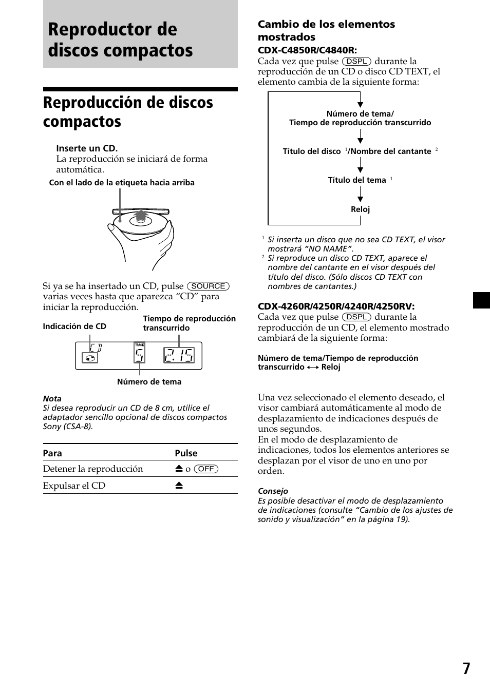 Reproductor de discos compactos, Reproducción de discos compactos, Cambio de los elementos mostrados | Sony CDX-4260R User Manual | Page 37 / 120