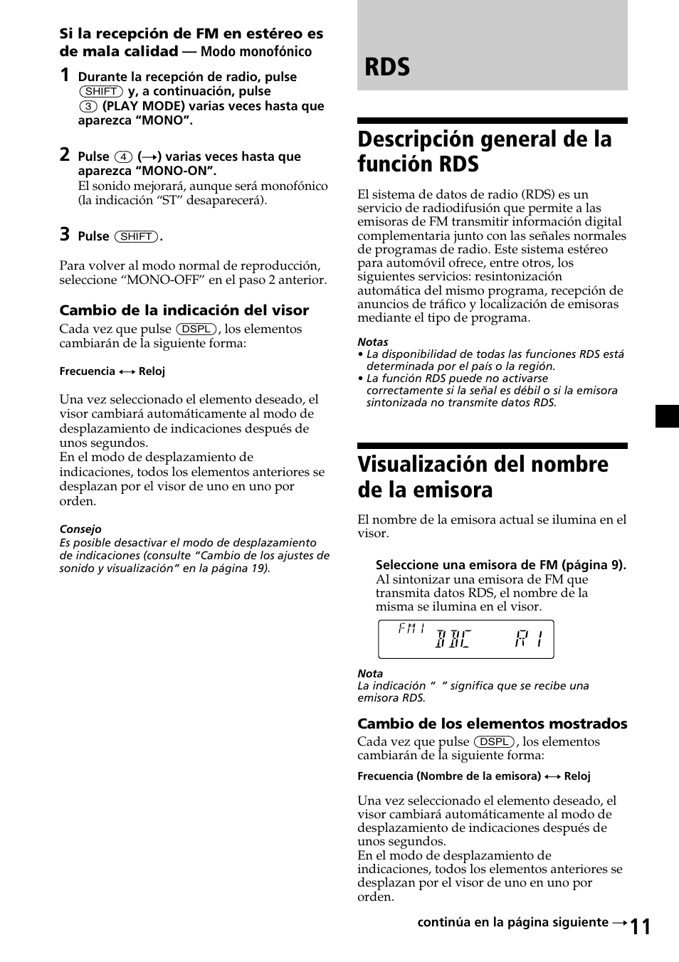 Descripción general de la función rds, Visualización del nombre de la emisora | Sony CDX-4260R User Manual | Page 41 / 120