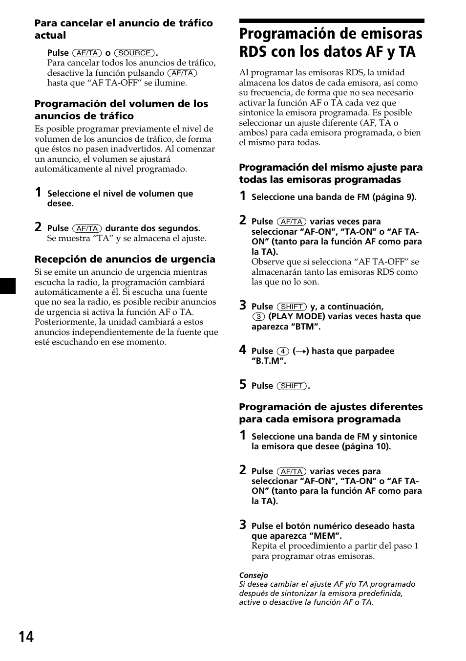 Programación de emisoras rds con los datos af y ta | Sony CDX-4260R User Manual | Page 44 / 120
