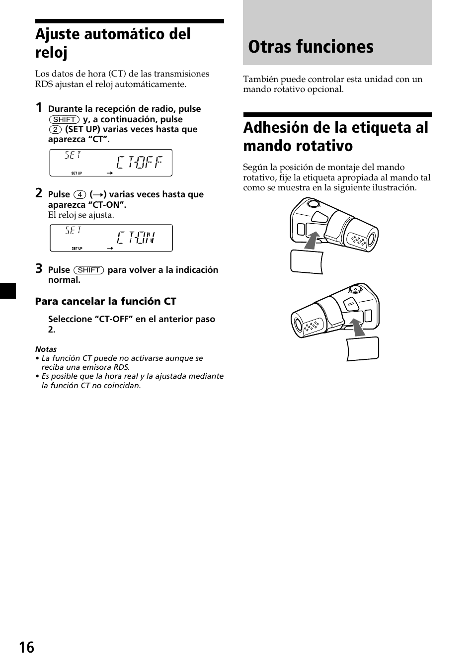Otras funciones, Adhesión de la etiqueta al mando rotativo, Ajuste automático del reloj | Sony CDX-4260R User Manual | Page 46 / 120