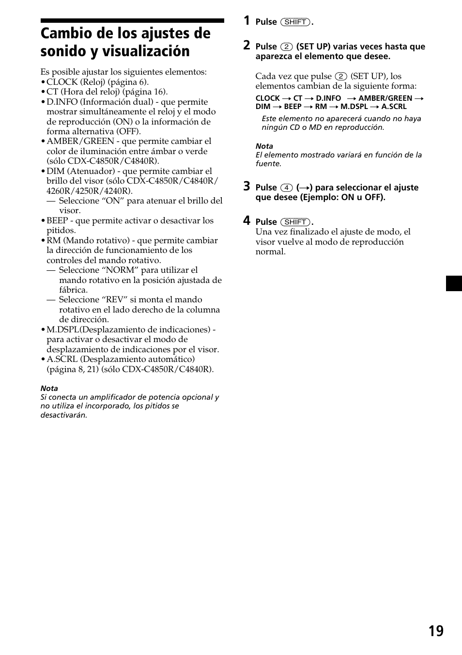 19 cambio de los ajustes de sonido y visualización | Sony CDX-4260R User Manual | Page 49 / 120