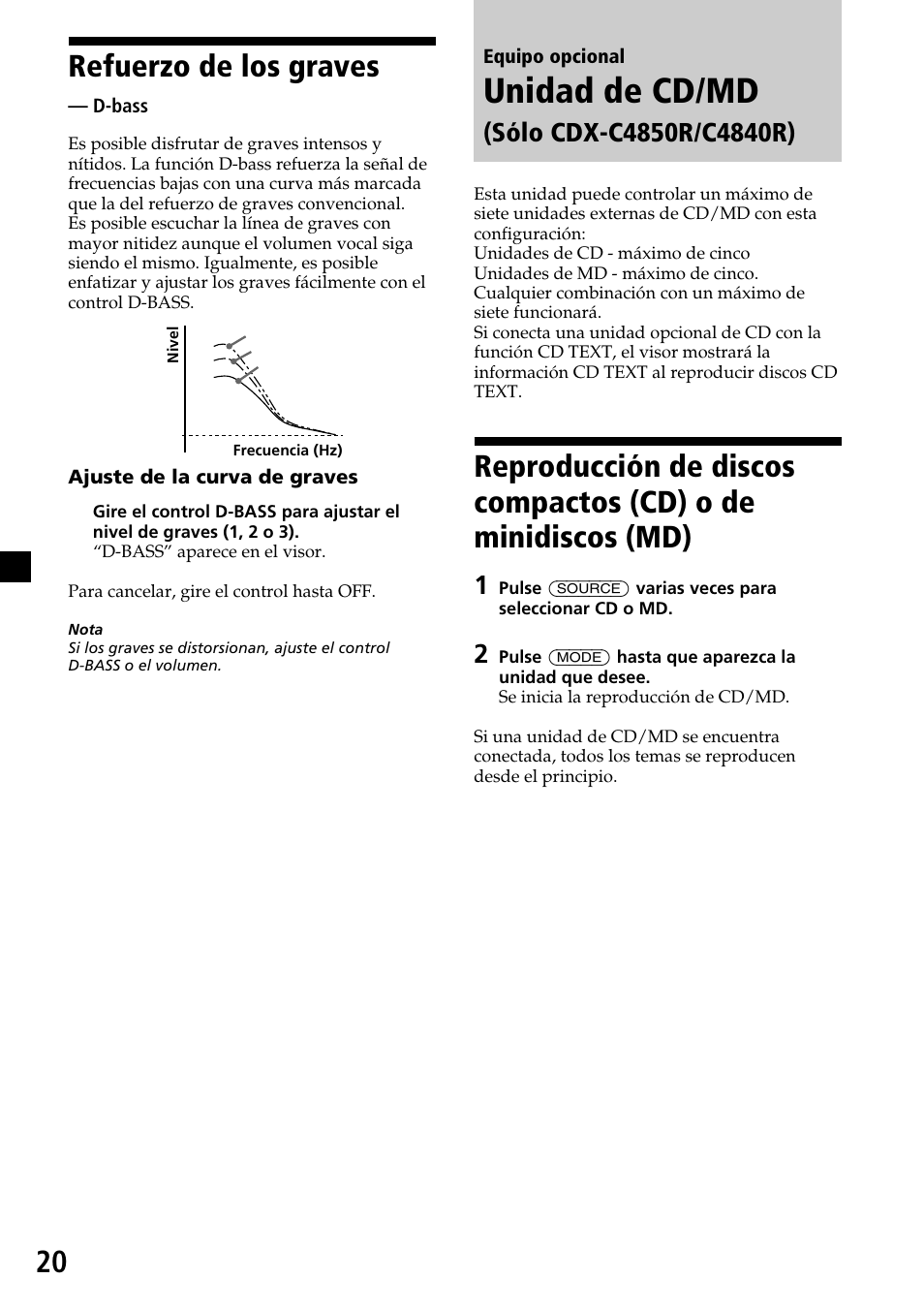 Unidad de cd/md, Refuerzo de los graves | Sony CDX-4260R User Manual | Page 50 / 120