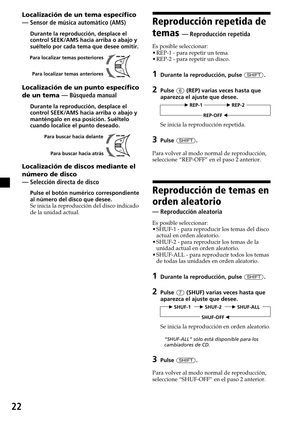 Reproducción repetida de temas, Reproducción de temas en orden aleatorio | Sony CDX-4260R User Manual | Page 52 / 120