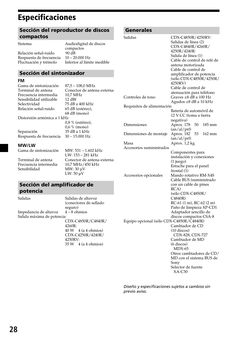 28 especificaciones, Sección del reproductor de discos compactos, Sección del sintonizador | Sección del amplificador de potencia, Generales | Sony CDX-4260R User Manual | Page 58 / 120