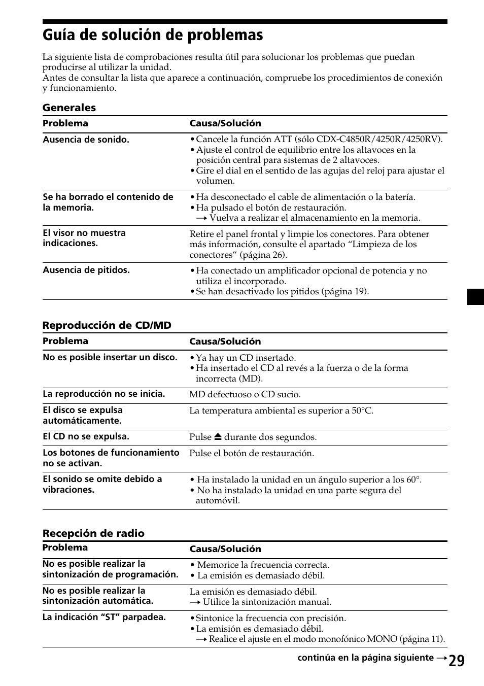 29 guía de solución de problemas | Sony CDX-4260R User Manual | Page 59 / 120