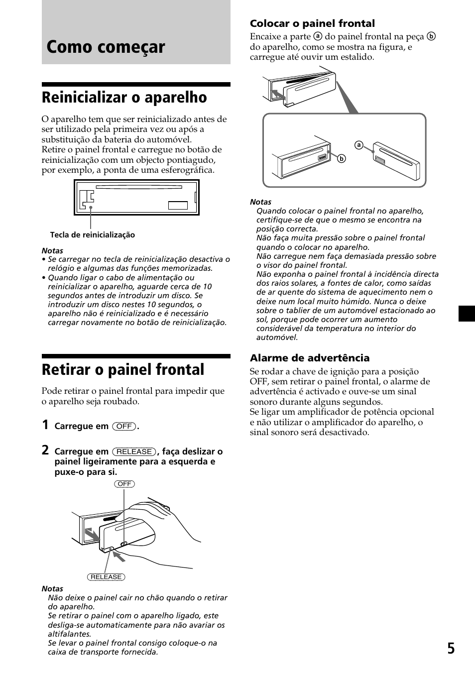 Como começar, Reinicializar o aparelho, Retirar o painel frontal | Sony CDX-4260R User Manual | Page 65 / 120