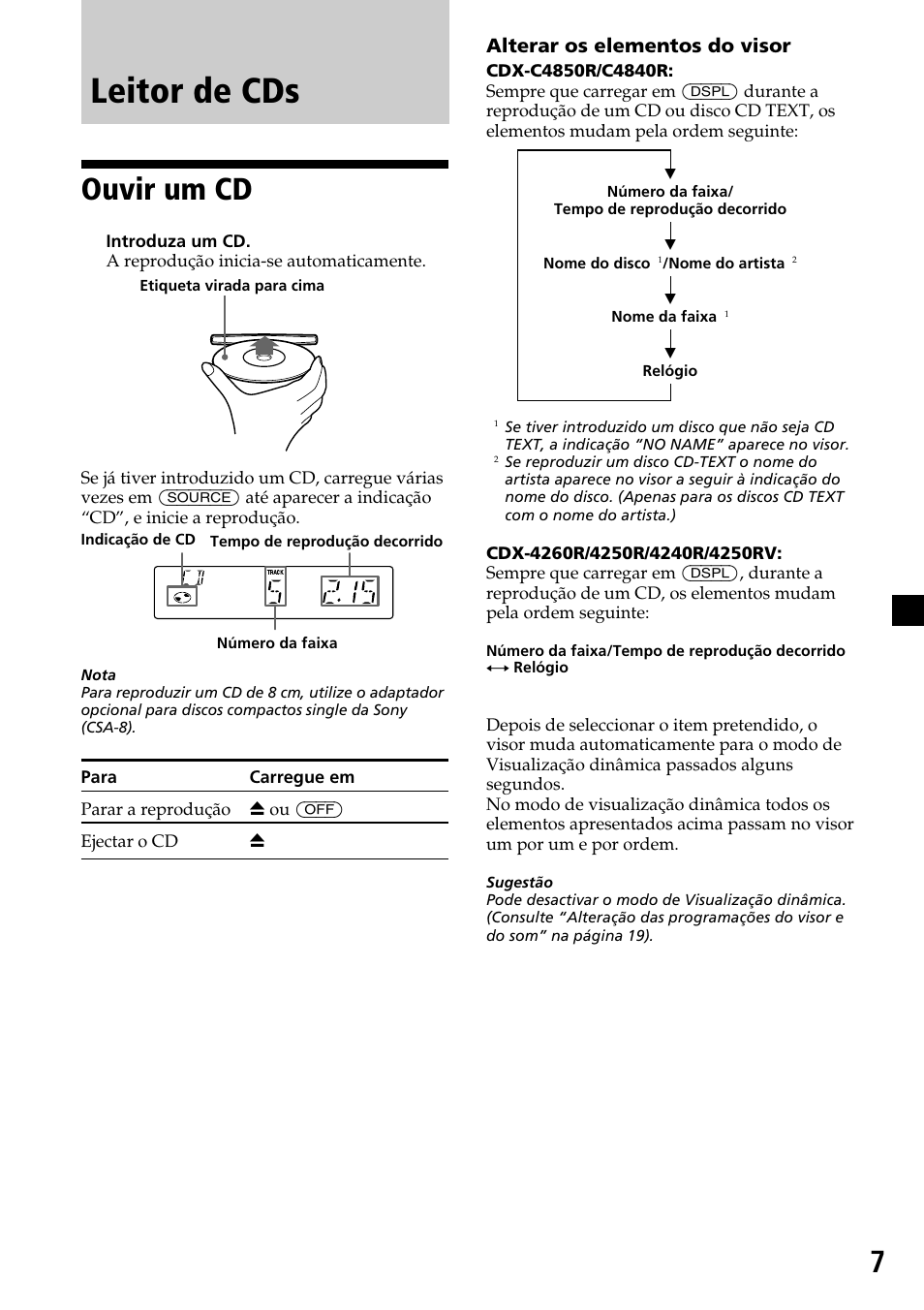 Leitor de cds, Ouvir um cd, Alterar os elementos do visor | Sony CDX-4260R User Manual | Page 67 / 120