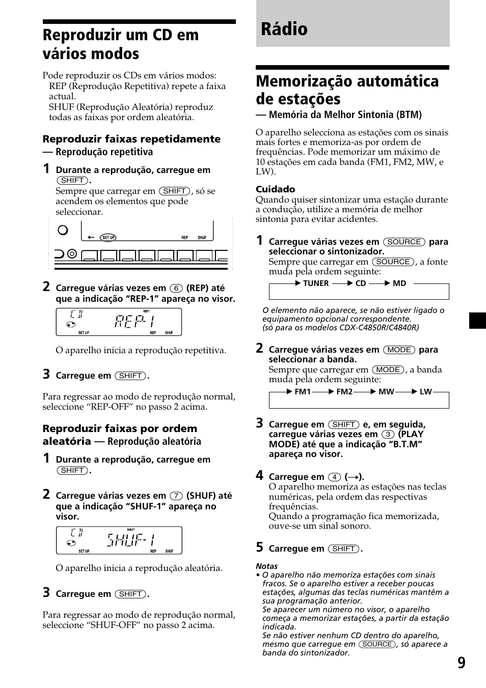 Rádio, 9reproduzir um cd em vários modos | Sony CDX-4260R User Manual | Page 69 / 120