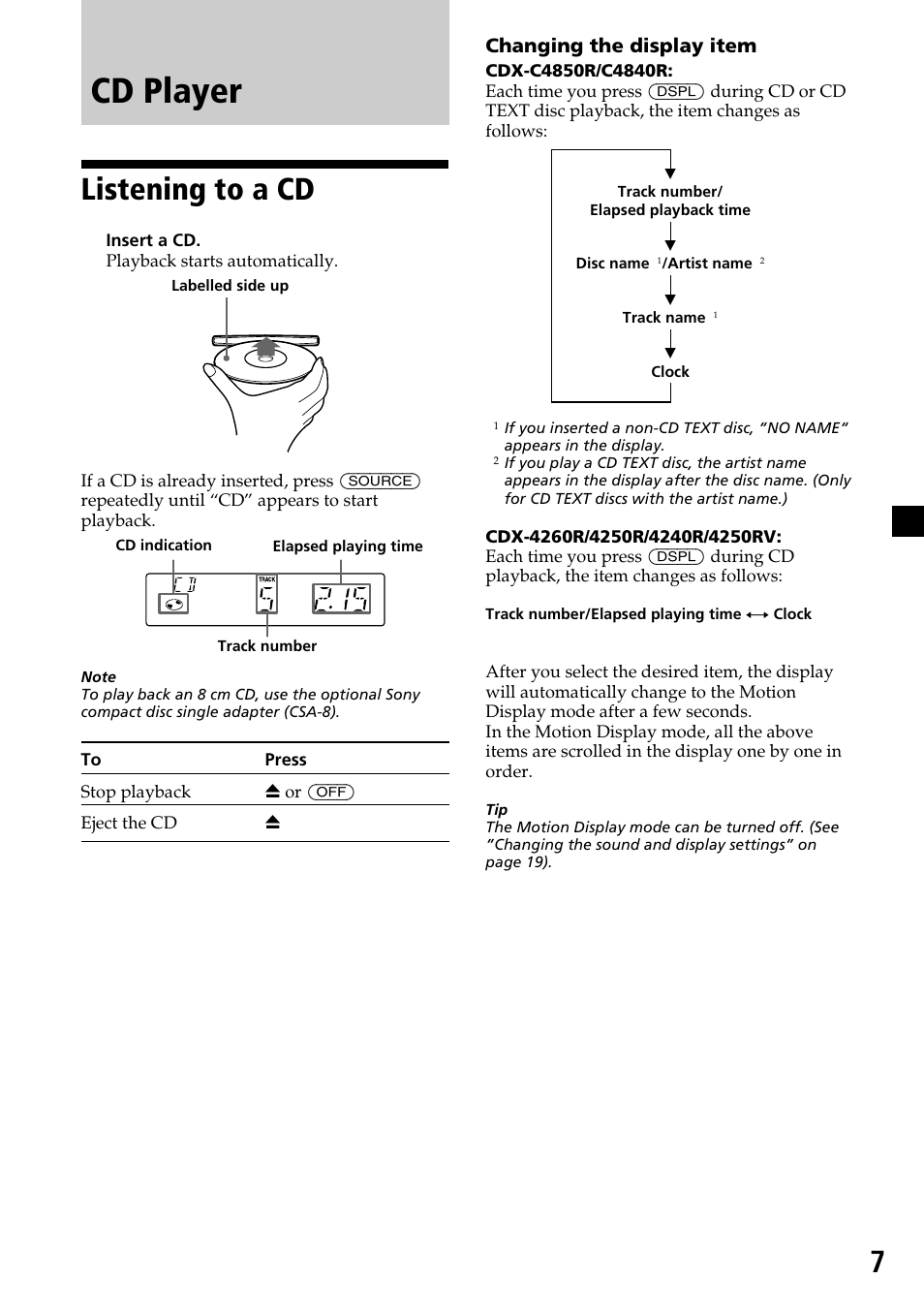 Cd player, Listening to a cd | Sony CDX-4260R User Manual | Page 7 / 120