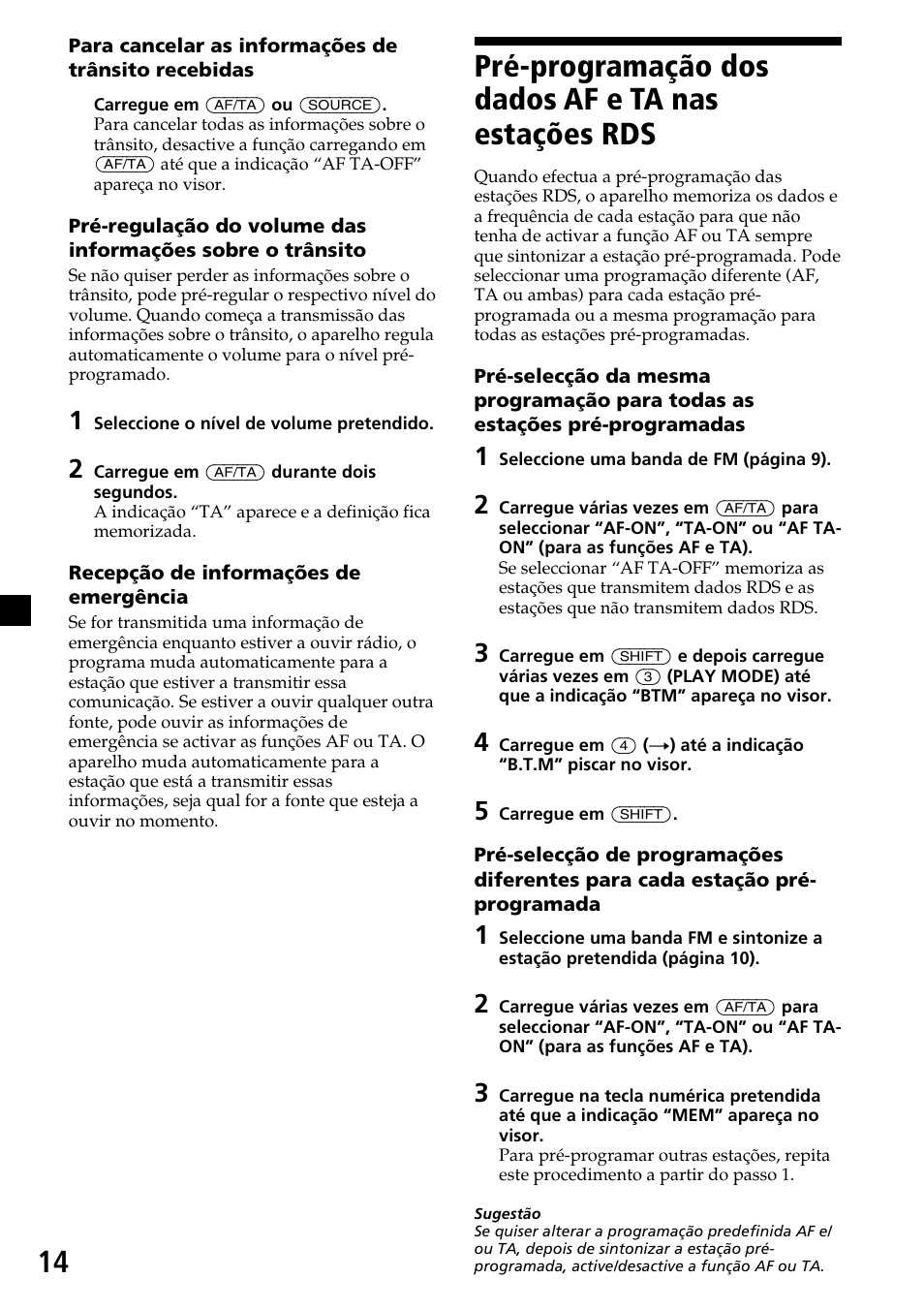 Pré-programação dos dados af e ta nas estações rds | Sony CDX-4260R User Manual | Page 74 / 120