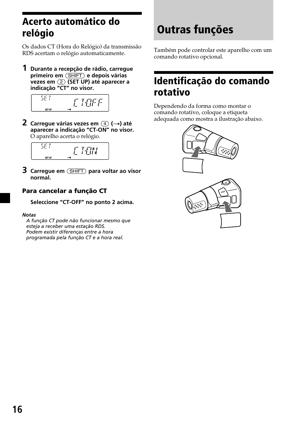 Outras funções, 16 acerto automático do relógio, Identificação do comando rotativo | Sony CDX-4260R User Manual | Page 76 / 120