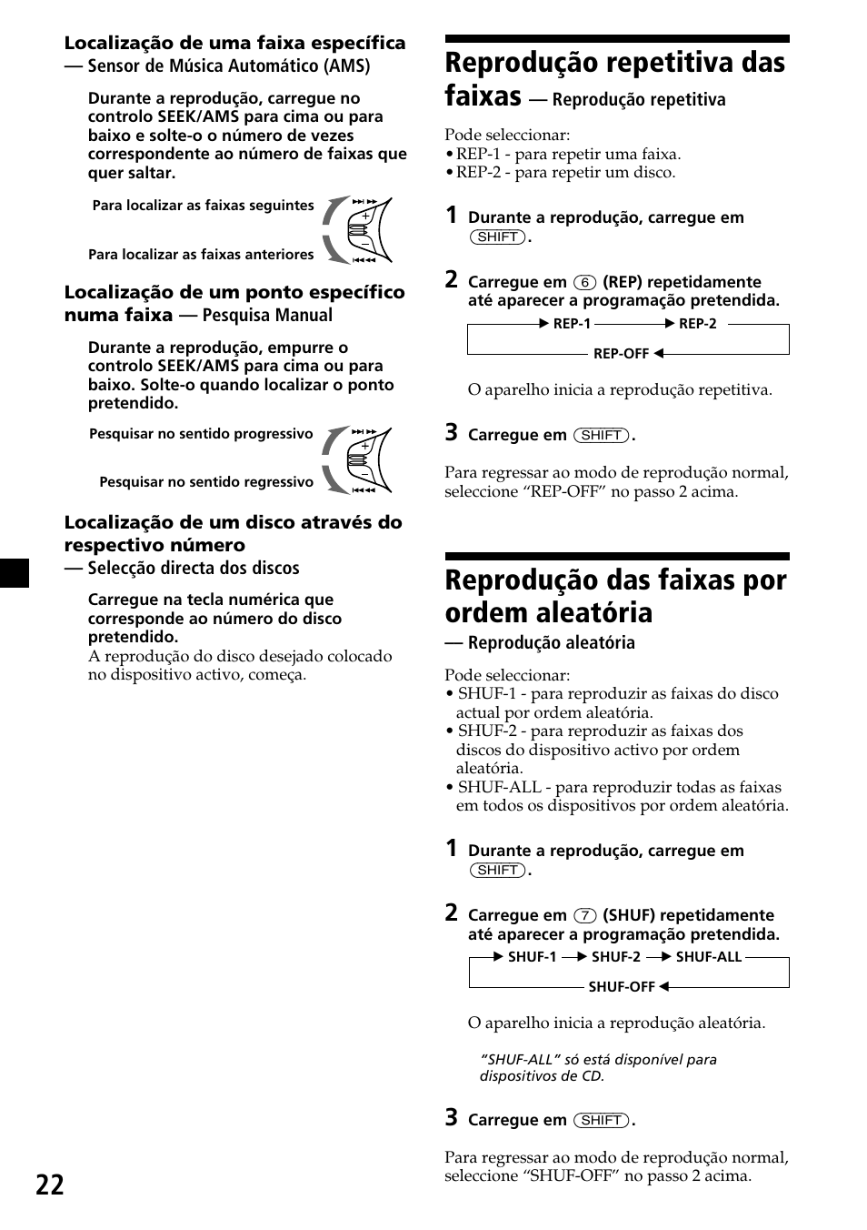 Reprodução repetitiva das faixas, Reprodução das faixas por ordem aleatória | Sony CDX-4260R User Manual | Page 82 / 120