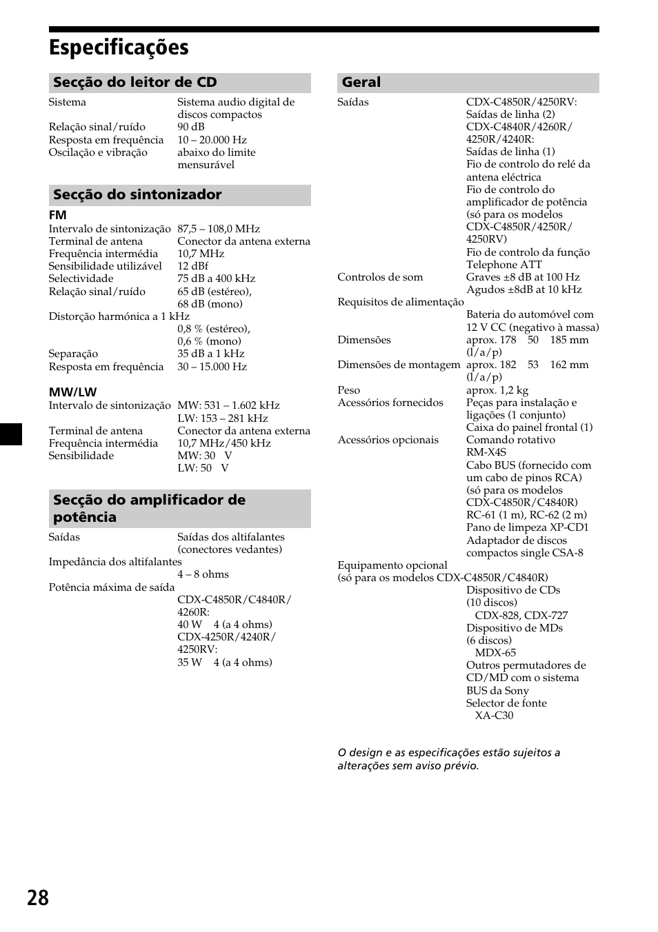 28 especificações, Secção do leitor de cd, Secção do sintonizador | Secção do amplificador de potência, Geral | Sony CDX-4260R User Manual | Page 88 / 120