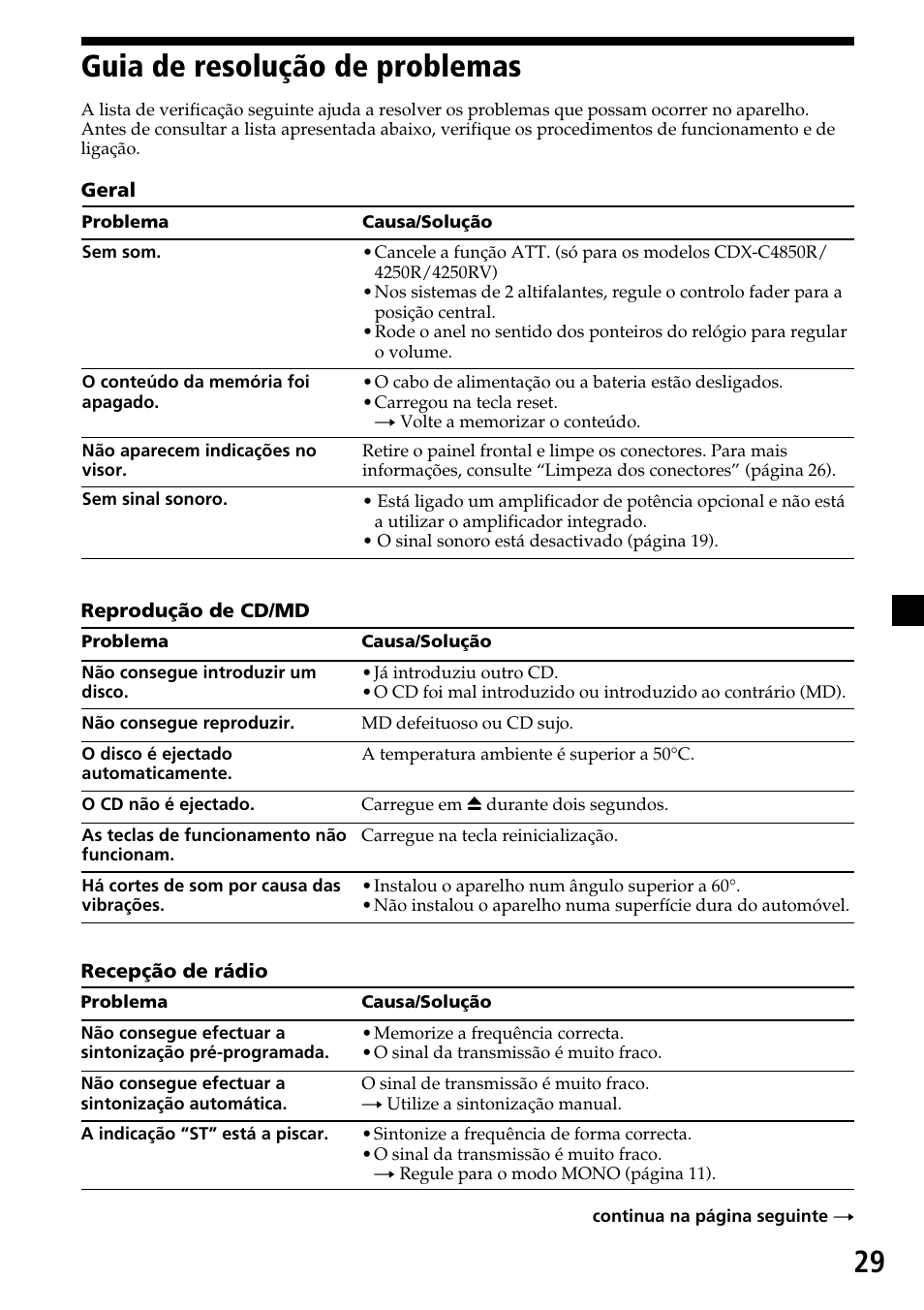 29 guia de resolução de problemas | Sony CDX-4260R User Manual | Page 89 / 120