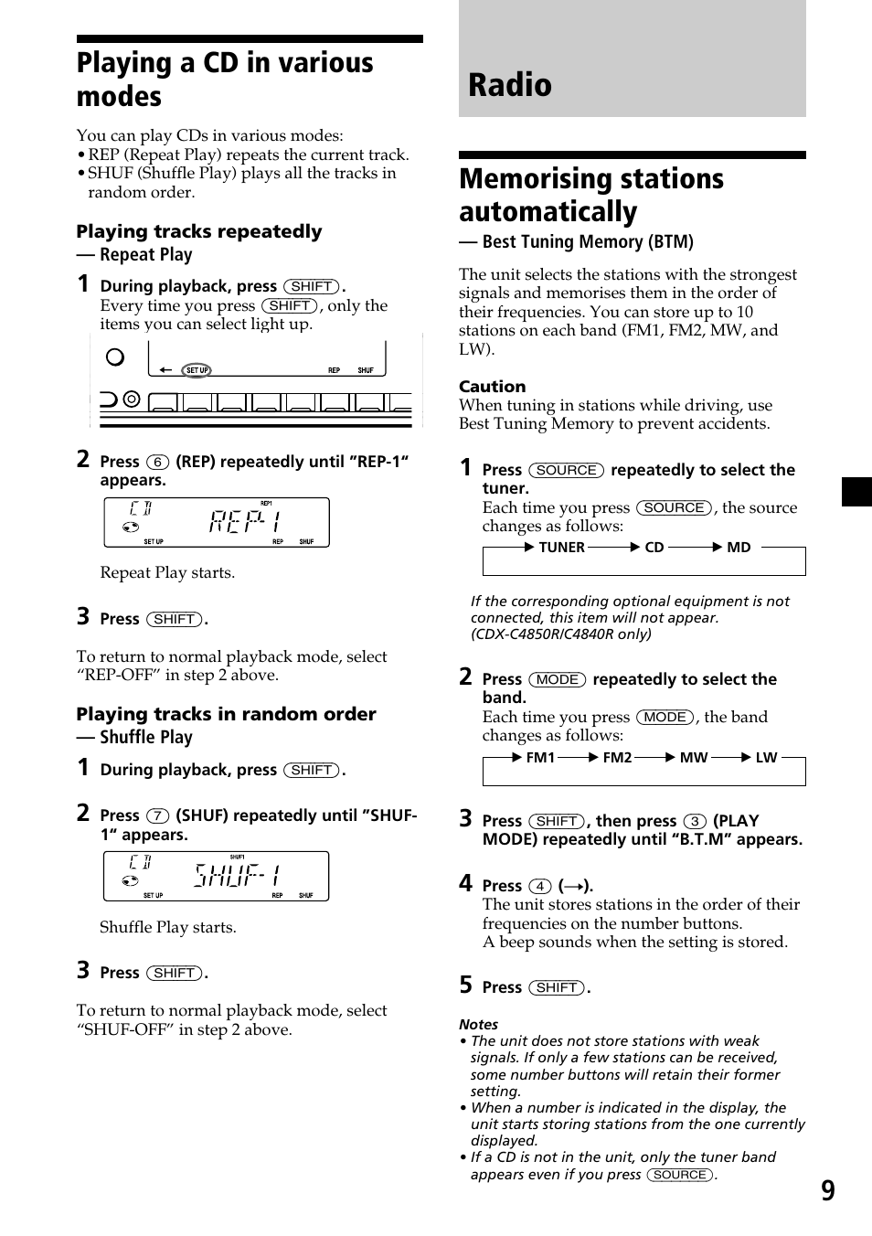 Radio, Playing a cd in various modes | Sony CDX-4260R User Manual | Page 9 / 120