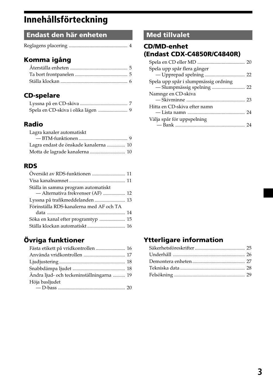 3innehållsförteckning | Sony CDX-4260R User Manual | Page 93 / 120