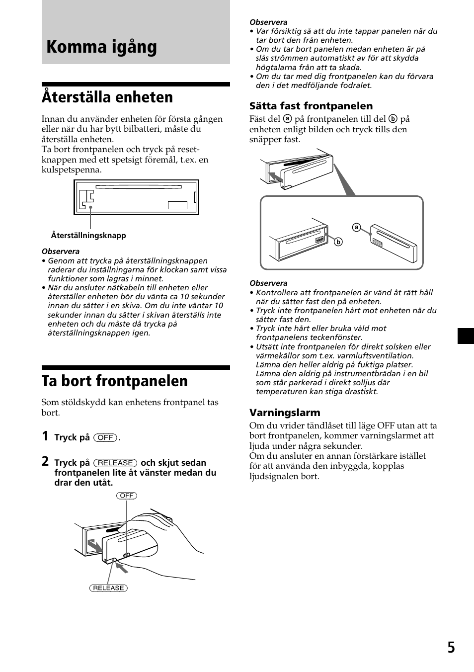 Komma igång, Återställa enheten, Ta bort frontpanelen | Sony CDX-4260R User Manual | Page 95 / 120