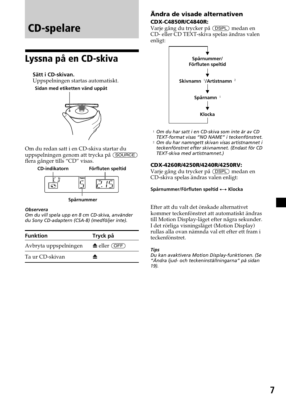 Cd-spelare, Lyssna på en cd-skiva, Ändra de visade alternativen | Sony CDX-4260R User Manual | Page 97 / 120