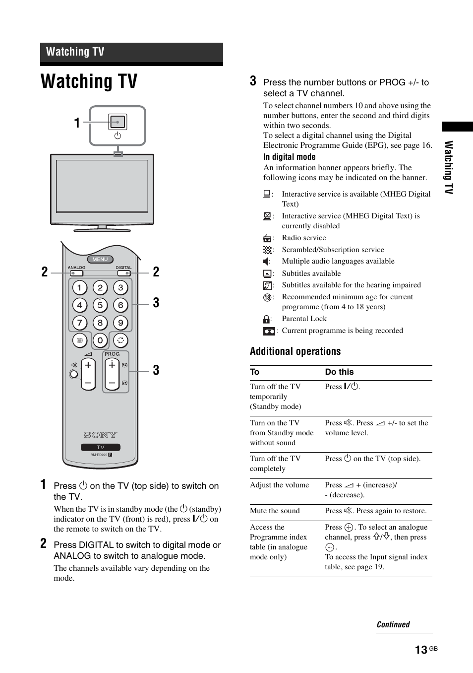 Watching tv | Sony Bravia KDL-26S2020 User Manual | Page 13 / 44